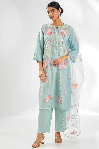 Dusky Blue Silk Resham Embroidered A-line Kurta Set by Shilpa Karnavat