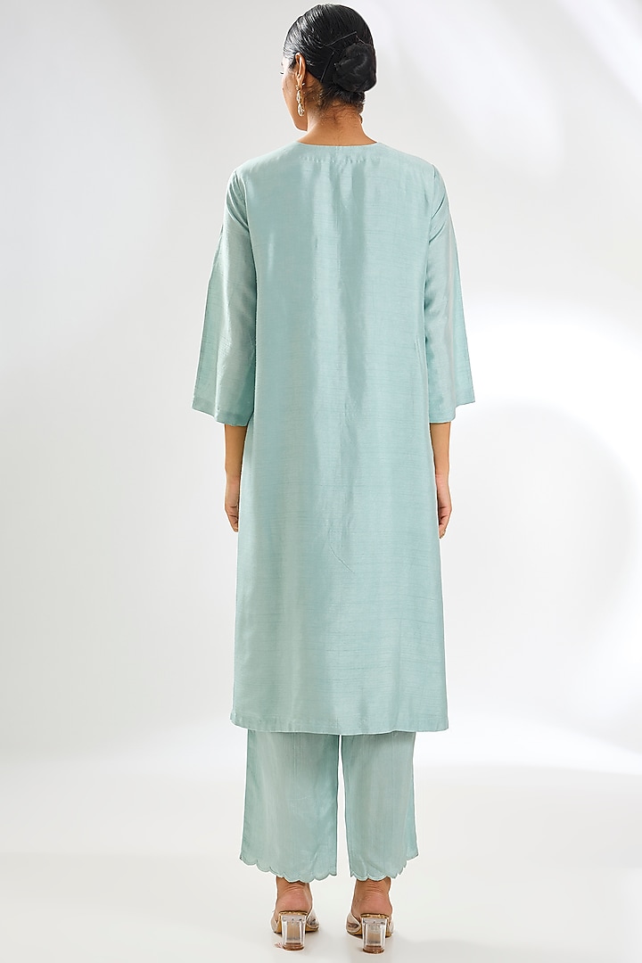 Dusky Blue Silk Resham Embroidered A-line Kurta Set by Shilpa Karnavat at Pernia's Pop Up Shop