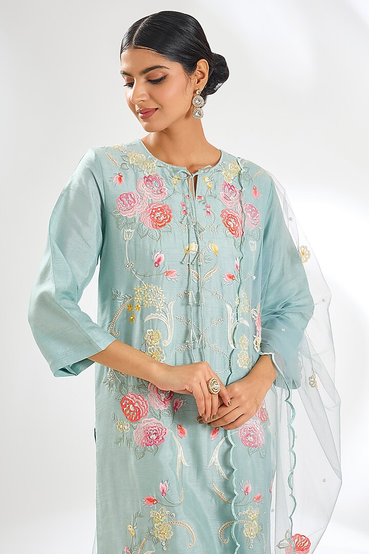 Dusky Blue Silk Resham Embroidered A-line Kurta Set by Shilpa Karnavat at Pernia's Pop Up Shop