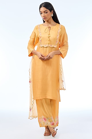 Peachy Orange Silk Kurta Set by Shilpa Karnavat