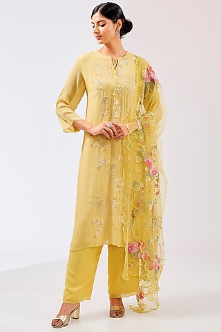 Dusky Yellow Chiffon Resham Embroidered Kurta Set by Shilpa Karnavat