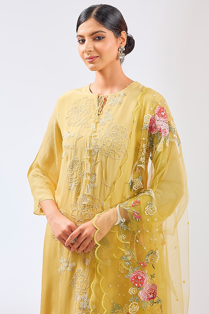 Dusky Yellow Chiffon Resham Embroidered Kurta Set by Shilpa Karnavat at Pernia's Pop Up Shop
