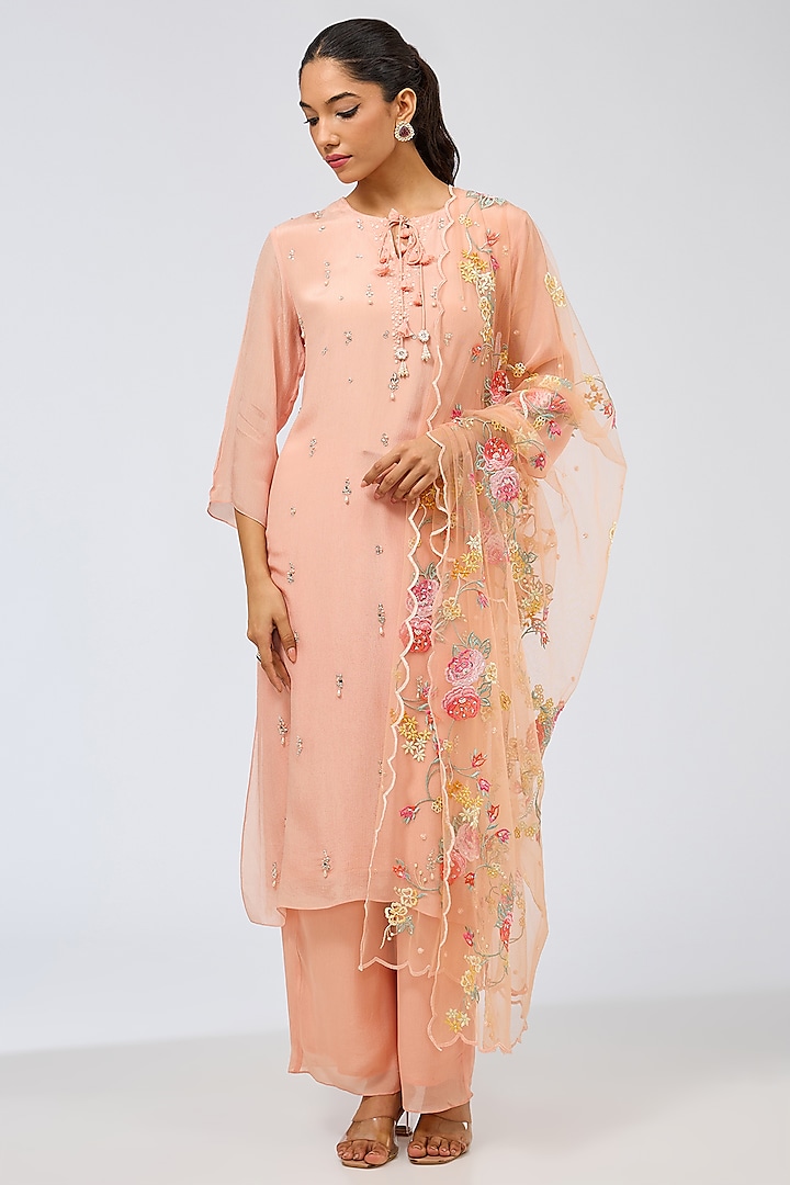 Peach Pink Chiffon Kurta Set by Shilpa Karnavat at Pernia's Pop Up Shop