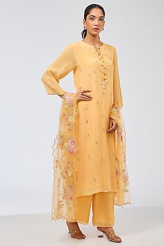 Peach Orange Chiffon Kurta Set by Shilpa Karnavat