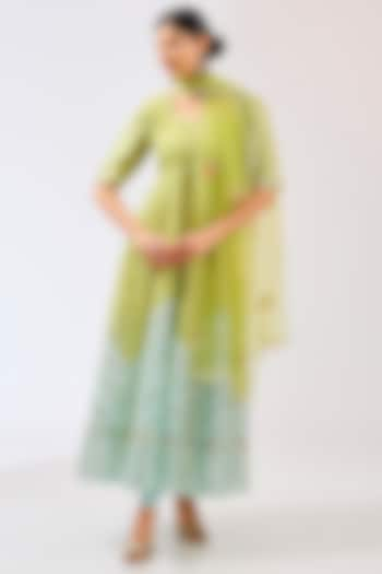 Parrot Green & Blue Silk Chanderi Gota Work Anarkali Set by Shilpa Karnavat at Pernia's Pop Up Shop