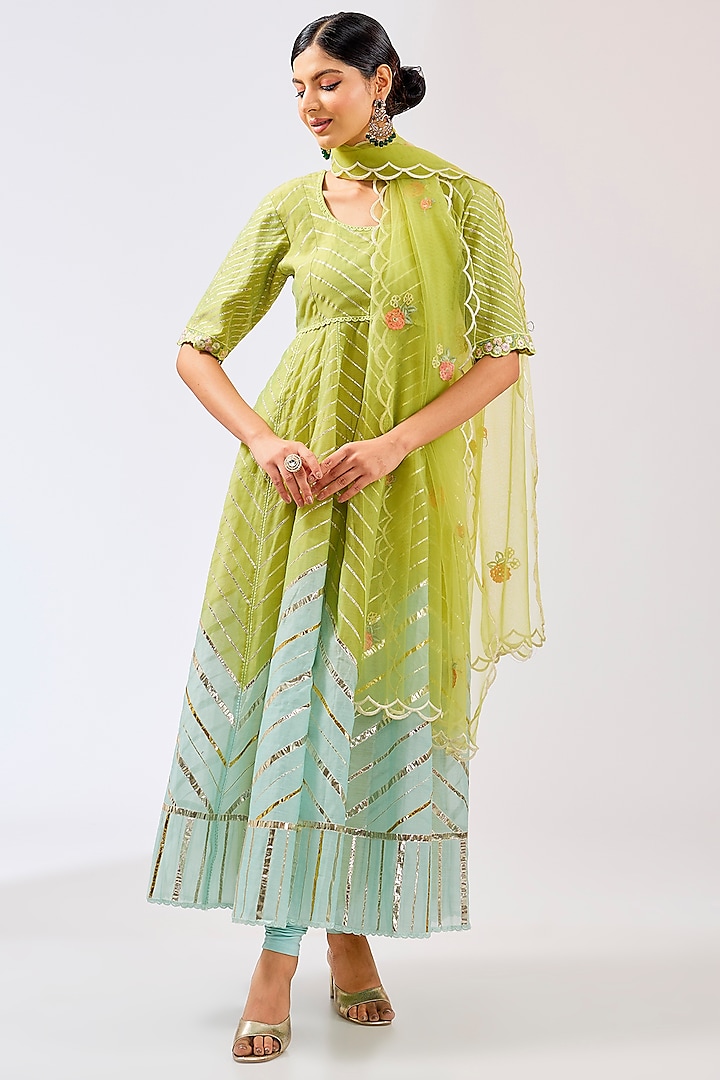 Parrot Green & Blue Silk Chanderi Gota Work Anarkali Set by Shilpa Karnavat at Pernia's Pop Up Shop