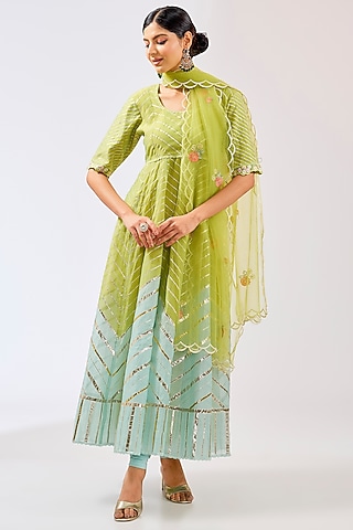 Parrot Green & Blue Silk Chanderi Gota Work Anarkali Set by Shilpa Karnavat