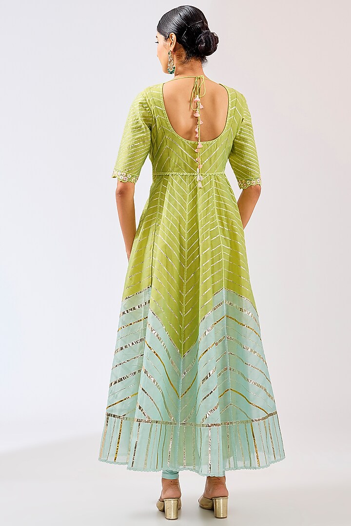 Parrot Green & Blue Silk Chanderi Gota Work Party Wear Anarkali Set by Shilpa Karnavat at Pernia's Pop Up Shop