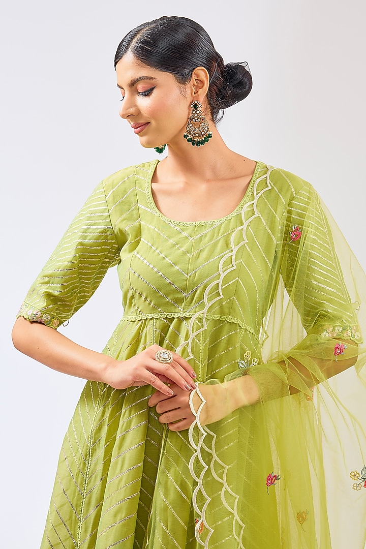 Parrot Green & Blue Silk Chanderi Gota Work Party Wear Anarkali Set by Shilpa Karnavat at Pernia's Pop Up Shop