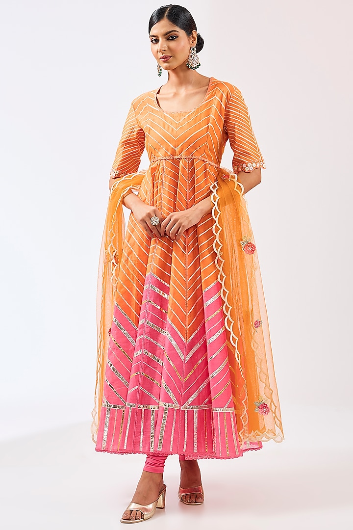 Orange & Pink Silk Chanderi Gota Work Anarkali Set by Shilpa Karnavat at Pernia's Pop Up Shop