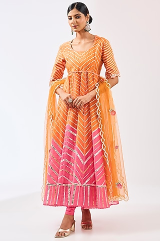 Orange & Pink Silk Chanderi Gota Work Anarkali Set by Shilpa Karnavat
