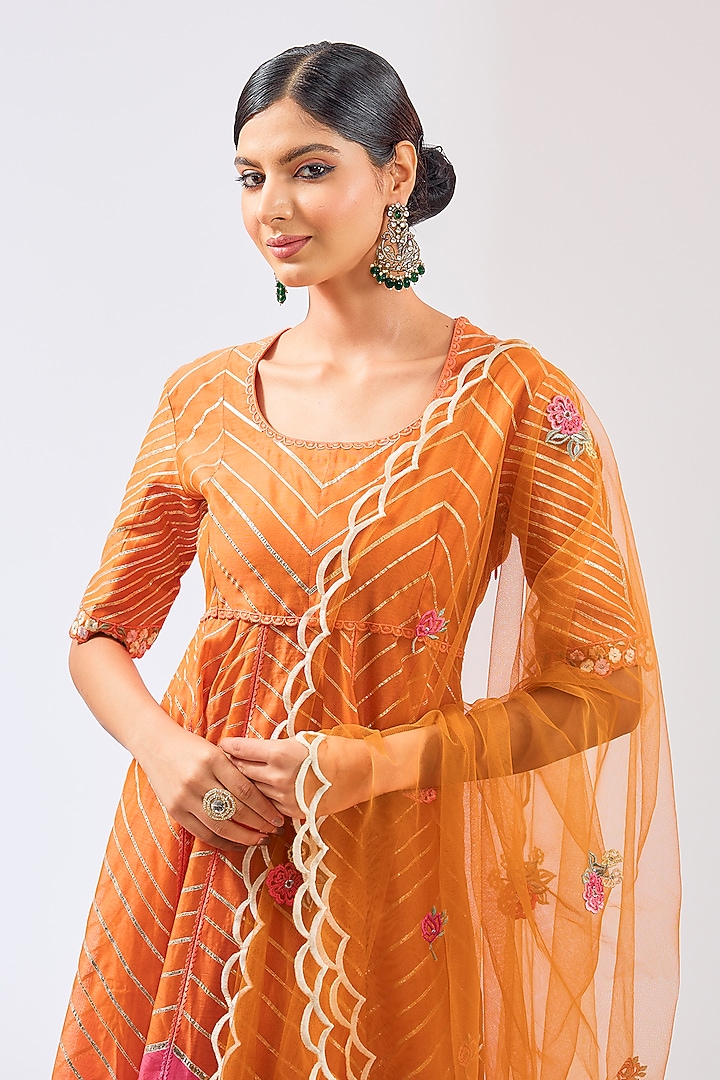 Orange & Pink Silk Chanderi Gota Work Party Wear Anarkali Set by Shilpa Karnavat at Pernia's Pop Up Shop
