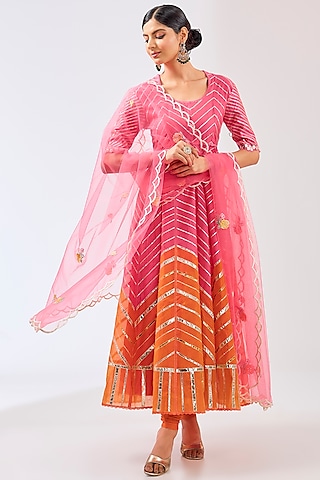 Pink & Orange Silk Chanderi Gota Work Anarkali Set by Shilpa Karnavat