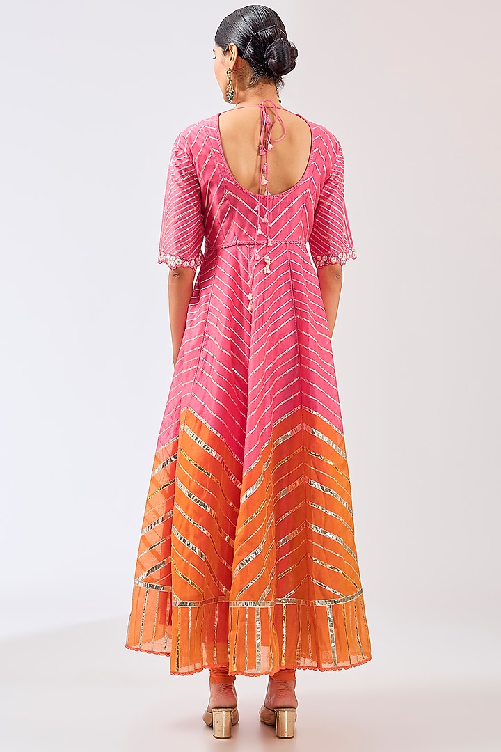 Pink & Orange Silk Chanderi Gota Work Party Wear Anarkali Set by Shilpa Karnavat at Pernia's Pop Up Shop
