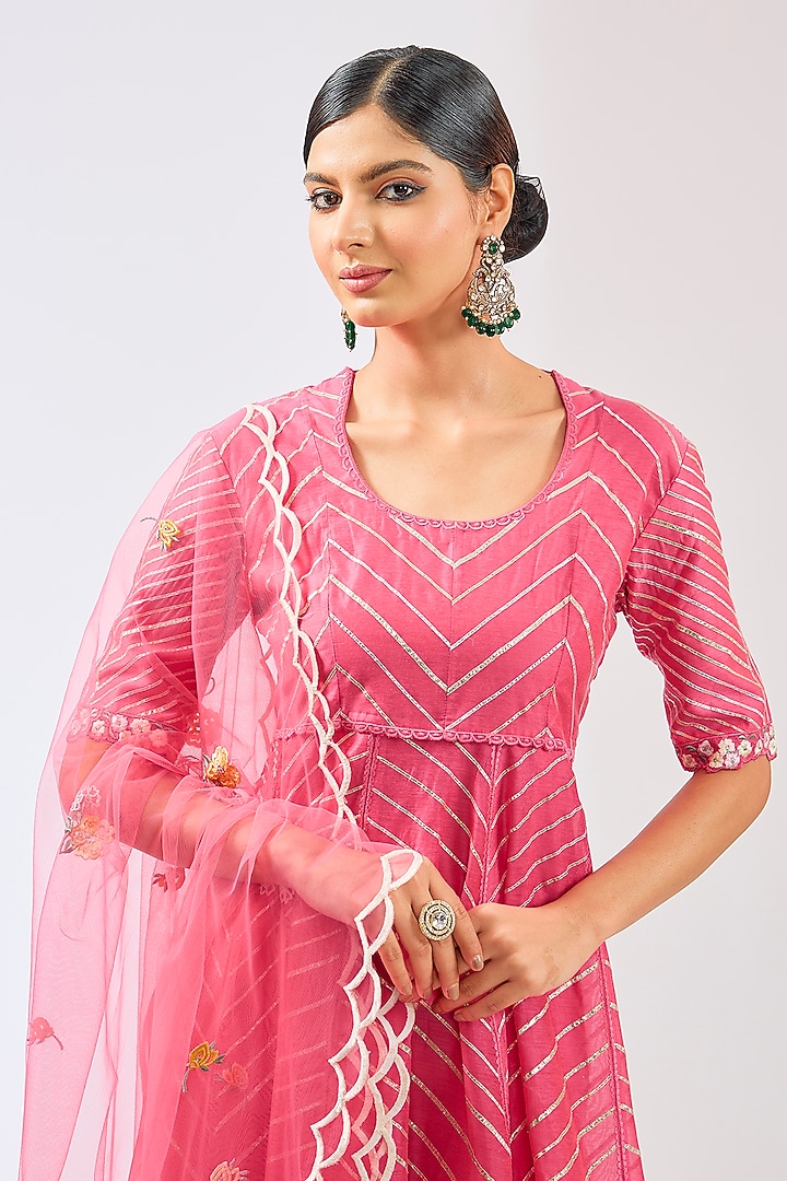Pink & Orange Silk Chanderi Gota Work Party Wear Anarkali Set by Shilpa Karnavat at Pernia's Pop Up Shop