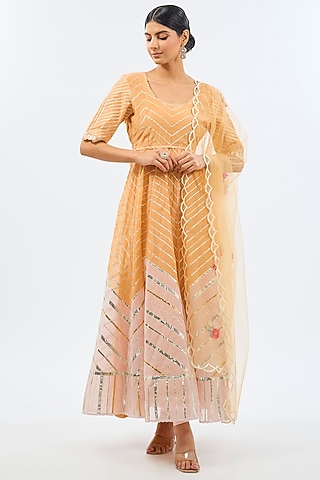 Peachy Orange Silk Chanderi Gota Embroidered Anarkali Set by Shilpa Karnavat