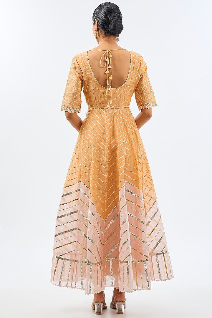 Peachy Orange Silk Chanderi Gota Embroidered Party Wear Anarkali Set by Shilpa Karnavat at Pernia's Pop Up Shop