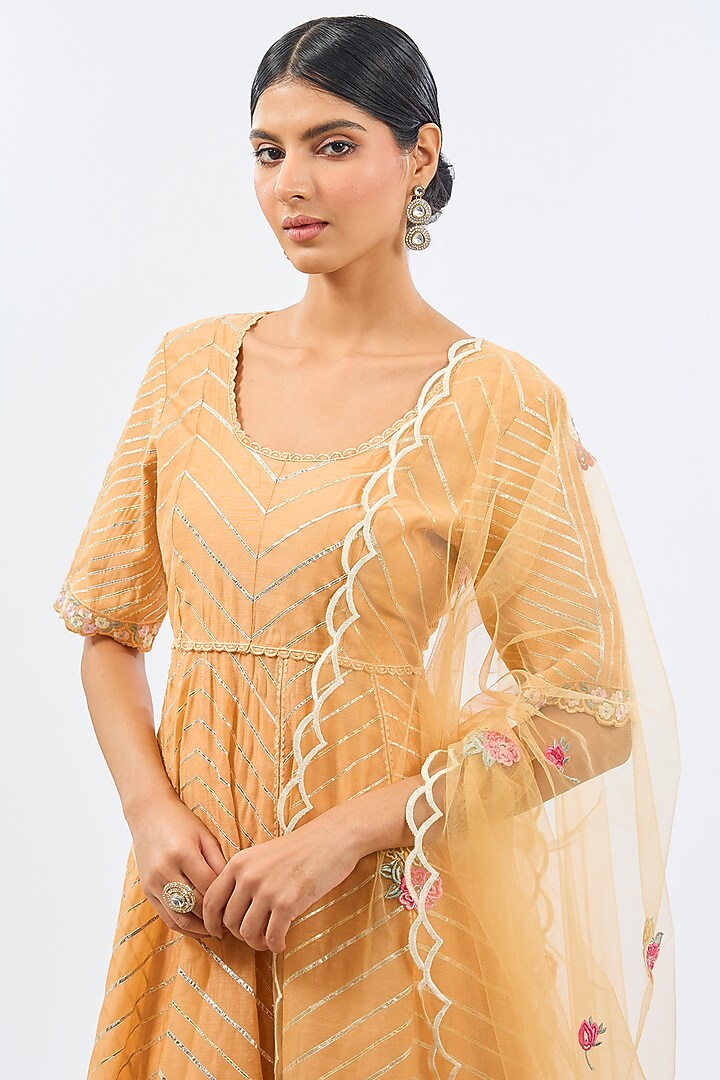 Peachy Orange Silk Chanderi Gota Embroidered Party Wear Anarkali Set by Shilpa Karnavat at Pernia's Pop Up Shop