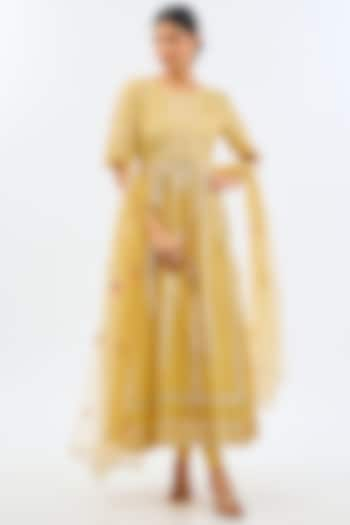 Yellow Silk Chanderi Gota Embroidered Anarkali Set by Shilpa Karnavat at Pernia's Pop Up Shop