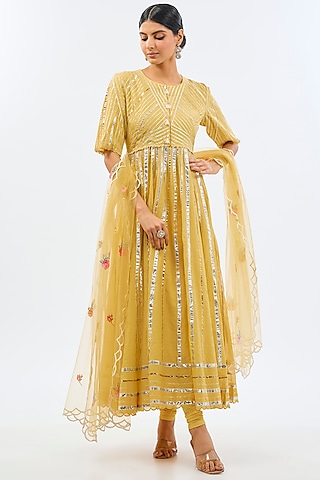 Yellow Silk Chanderi Gota Embroidered Anarkali Set by Shilpa Karnavat