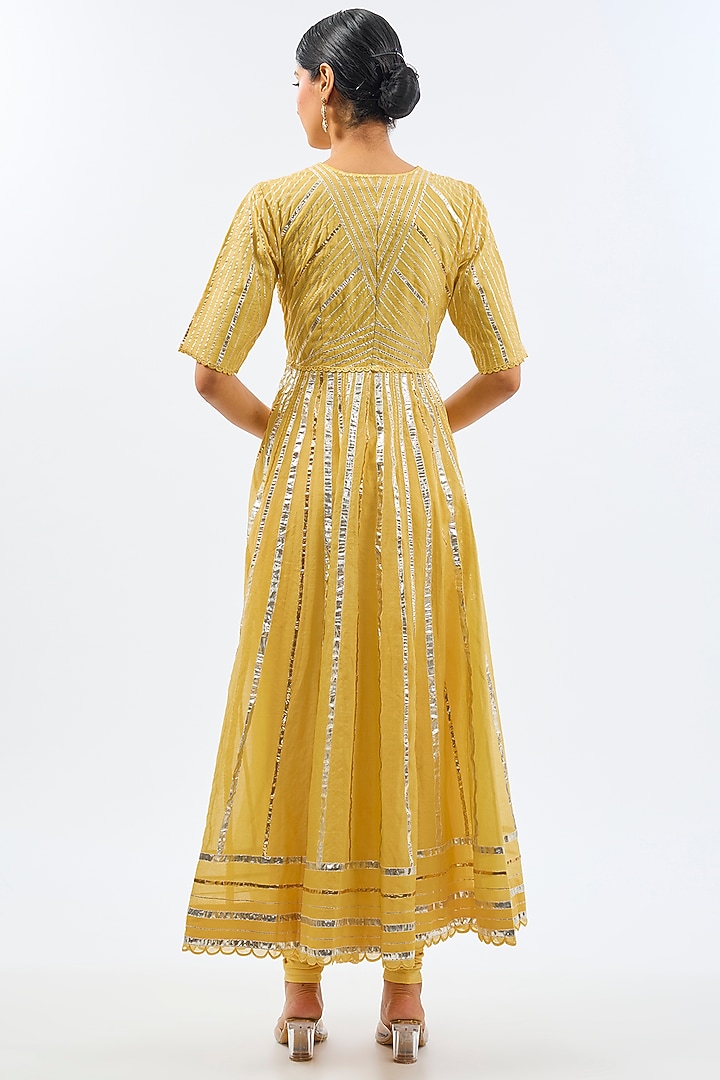 Yellow Silk Chanderi Gota Embroidered Party Wear Anarkali Set by Shilpa Karnavat at Pernia's Pop Up Shop