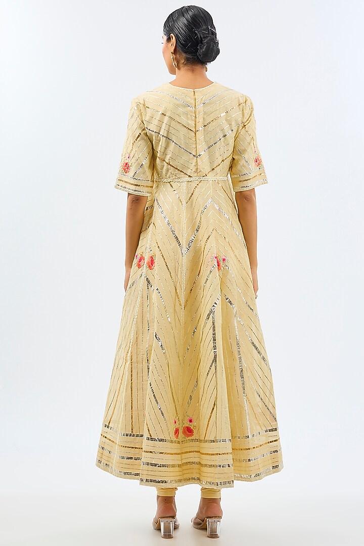 Light Yellow Silk Chanderi Gota & Resham Embroidered Party Wear Anarkali Set by Shilpa Karnavat at Pernia's Pop Up Shop