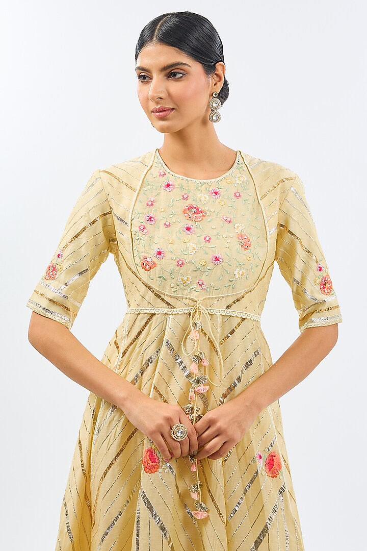 Light Yellow Silk Chanderi Gota & Resham Embroidered Party Wear Anarkali Set by Shilpa Karnavat at Pernia's Pop Up Shop