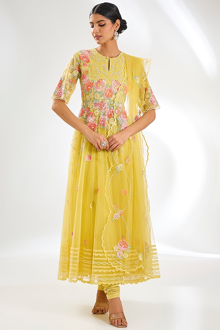 Dusky Yellow Net Resham Embroidered Anarkali Set by Shilpa Karnavat at Pernia's Pop Up Shop