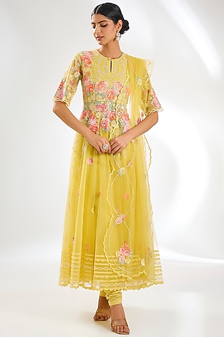 Dusky Yellow Net Resham Embroidered Anarkali Set by Shilpa Karnavat