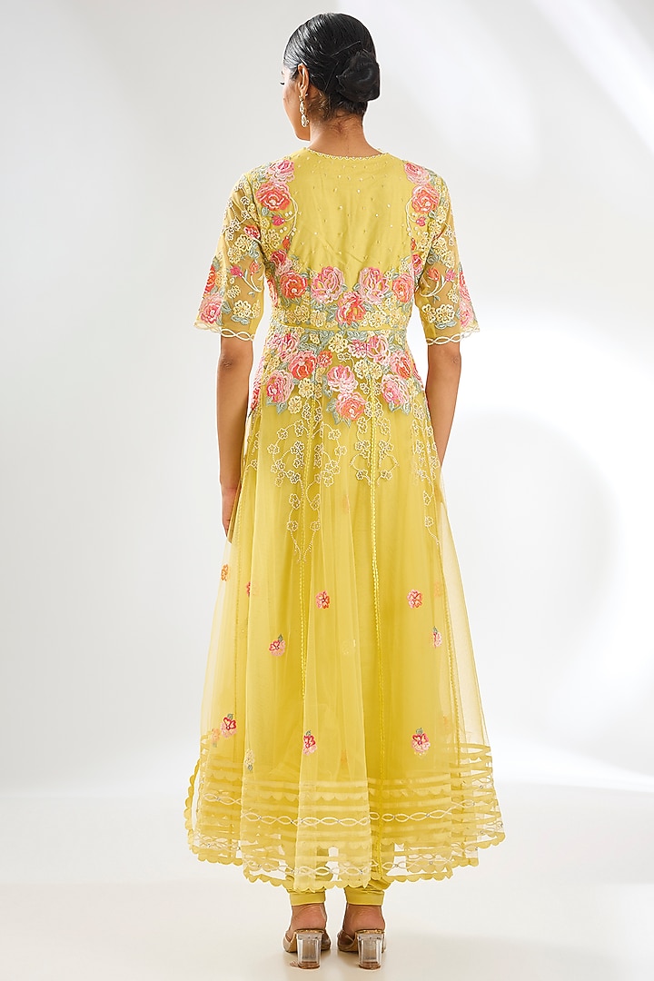 Dusky Yellow Net Resham Embroidered Wedding Anarkali Set by Shilpa Karnavat at Pernia's Pop Up Shop