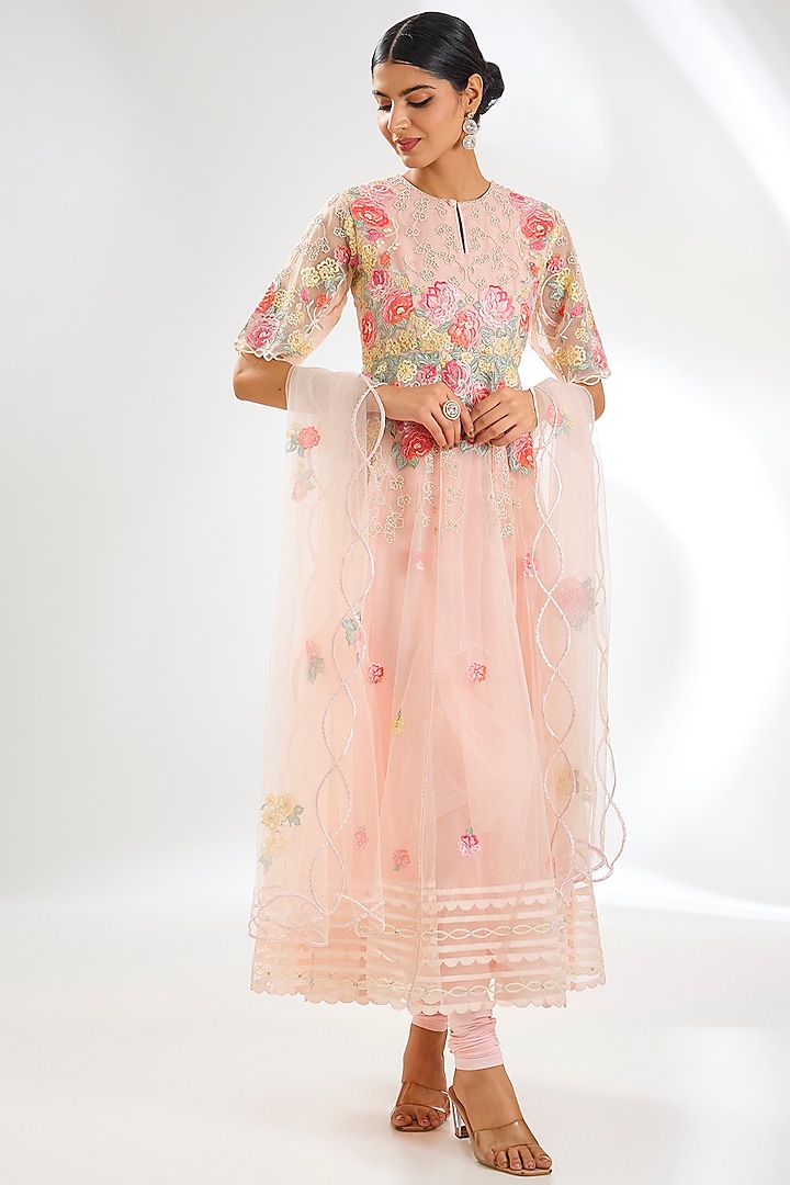 Light Pink Net Resham Embroidered Anarkali Set by Shilpa Karnavat at Pernia's Pop Up Shop