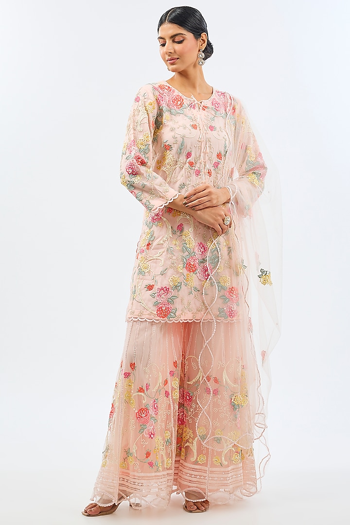 Baby Pink Net Resham Embroidered Sharara Set by Shilpa Karnavat at Pernia's Pop Up Shop