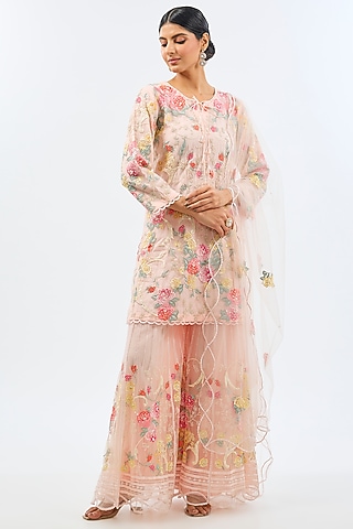 Baby Pink Net Resham Embroidered Sharara Set by Shilpa Karnavat