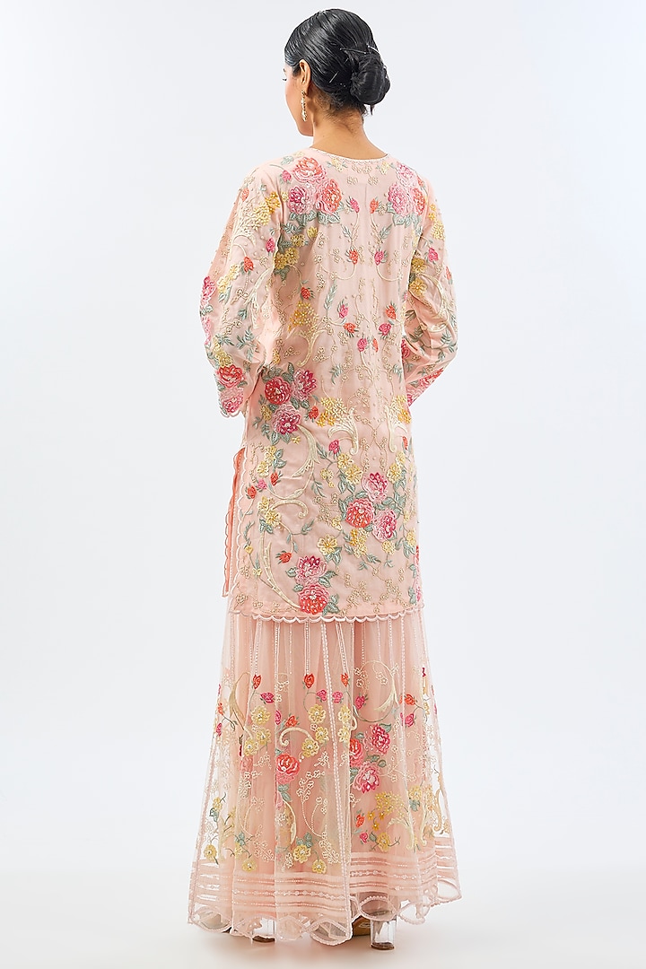 Baby Pink Net Resham Embroidered Wedding Sharara Set by Shilpa Karnavat at Pernia's Pop Up Shop