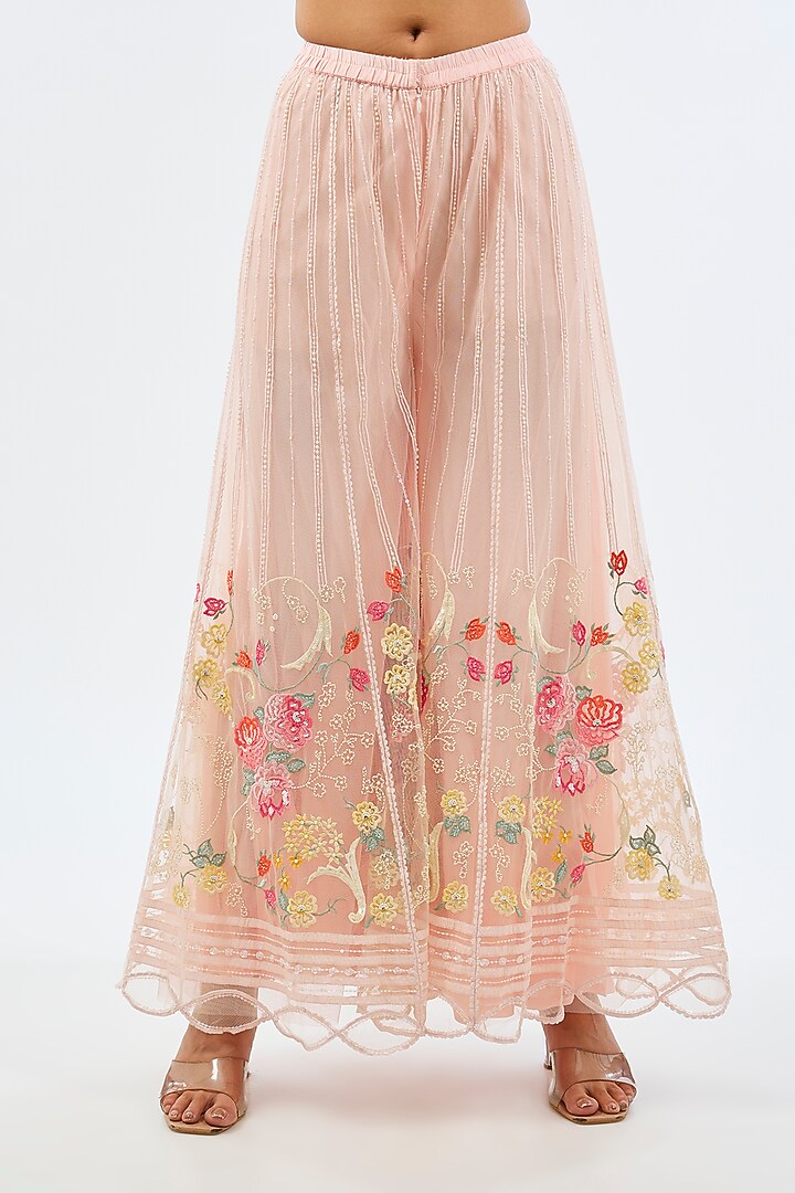 Baby Pink Net Resham Embroidered Wedding Sharara Set by Shilpa Karnavat at Pernia's Pop Up Shop