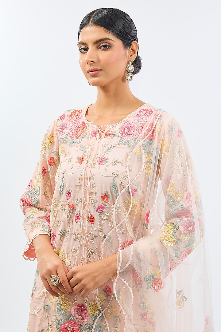 Baby Pink Net Resham Embroidered Wedding Sharara Set by Shilpa Karnavat at Pernia's Pop Up Shop