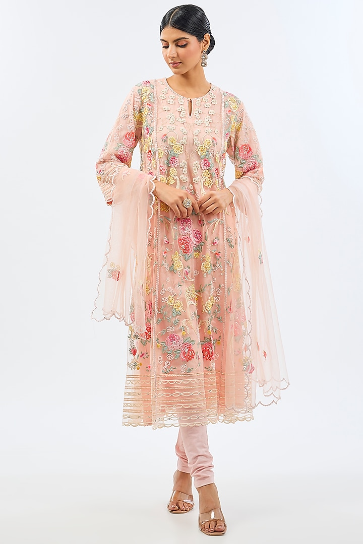 Baby Pink Net Resham Embroidered A-Line Kurta Set by Shilpa Karnavat at Pernia's Pop Up Shop