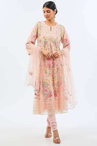 Baby Pink Net Resham Embroidered A-Line Kurta Set by Shilpa Karnavat