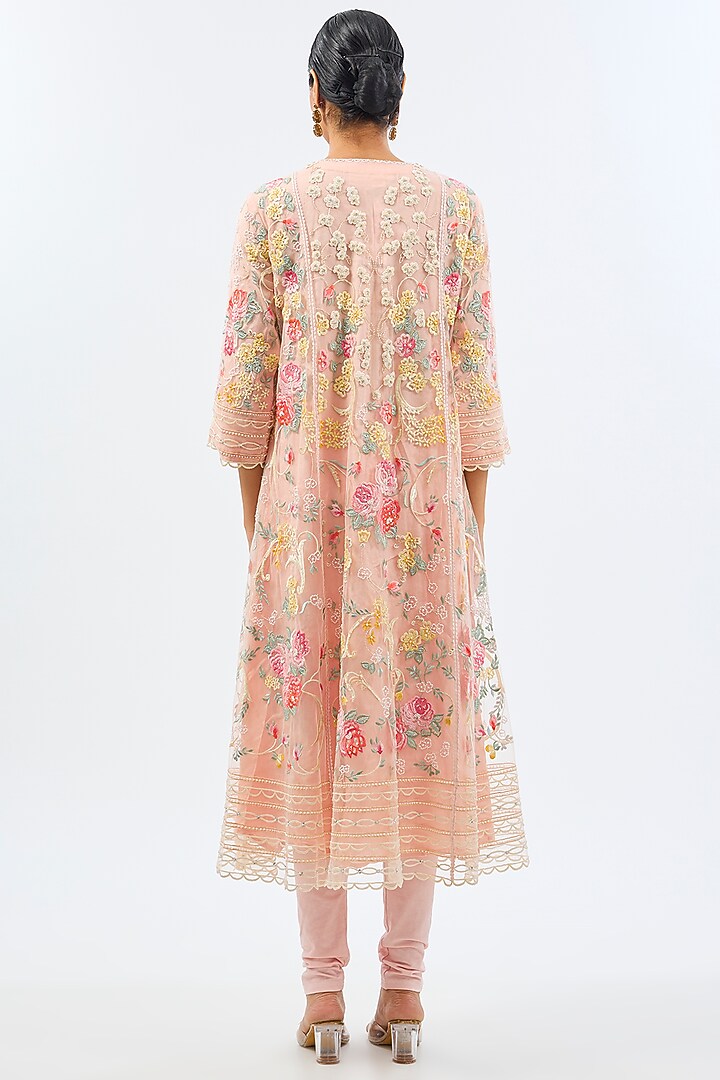 Baby Pink Net Resham Embroidered A-Line Kurta Set by Shilpa Karnavat at Pernia's Pop Up Shop
