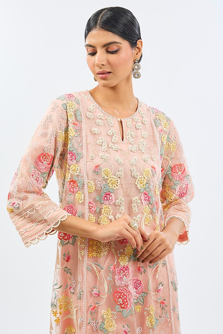 Baby Pink Net Resham Embroidered A-Line Kurta Set by Shilpa Karnavat at Pernia's Pop Up Shop