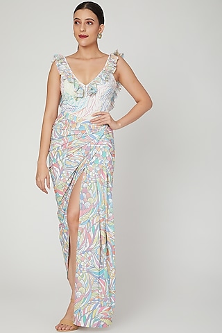 Multi Colored Printed Ruffled Wrap Skirt Set by Simply Simone