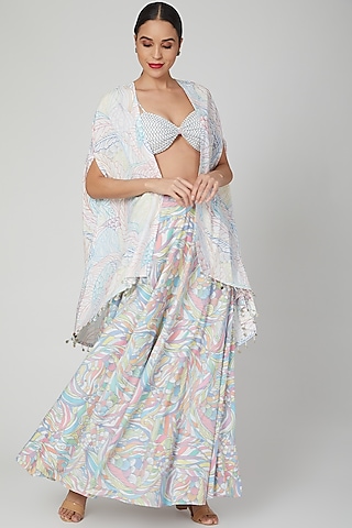 Multi Colored Printed Skirt Set With Cape by Simply Simone