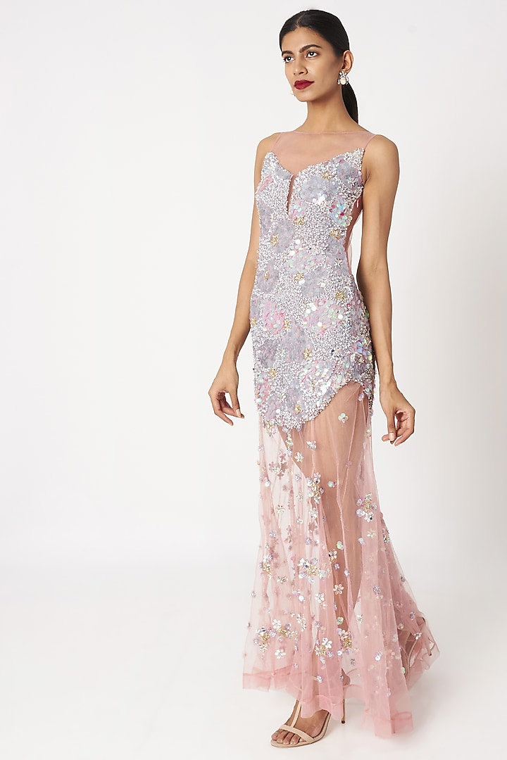 Blush Pink Sequins Embellished Gown by SImply Simone