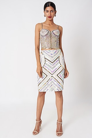 White Embellished Pencil Skirt by SImply Simone