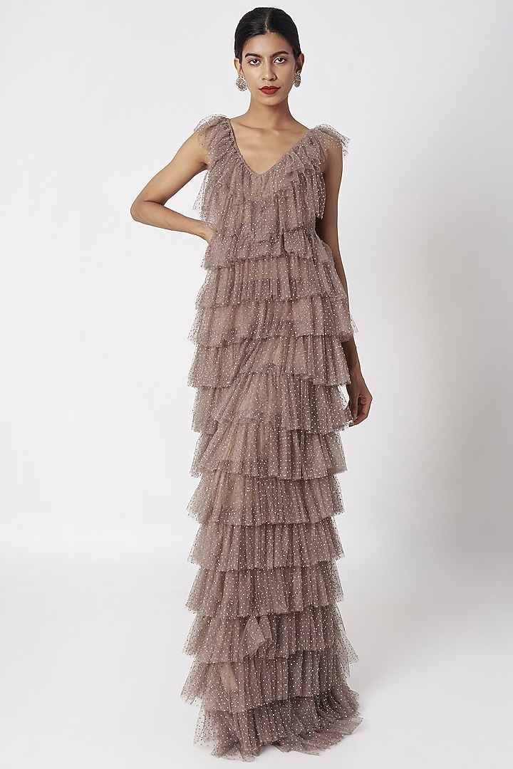 Dusty Nude Layered & Ruffled Gown by SImply Simone at Pernia's Pop Up Shop