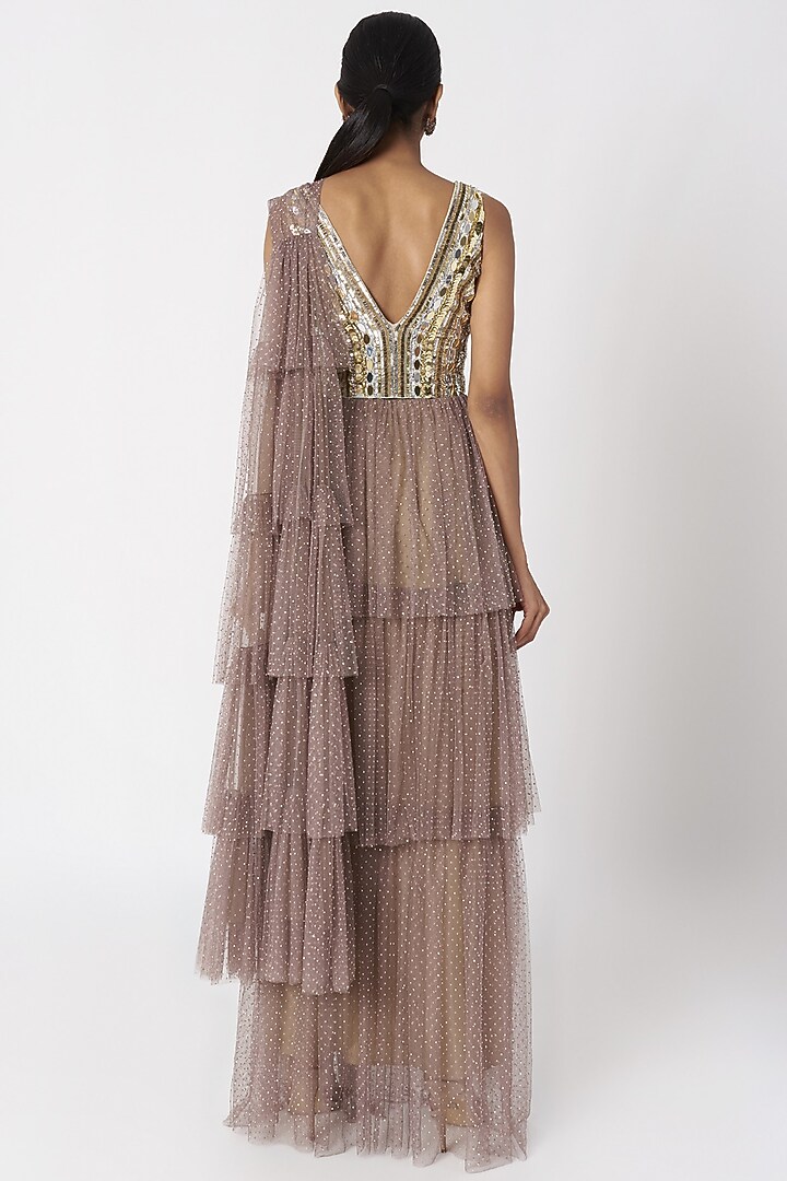 Dusty Nude Pre-Draped Reception Saree Set With Detachable Pallu by SImply Simone at Pernia's Pop Up Shop