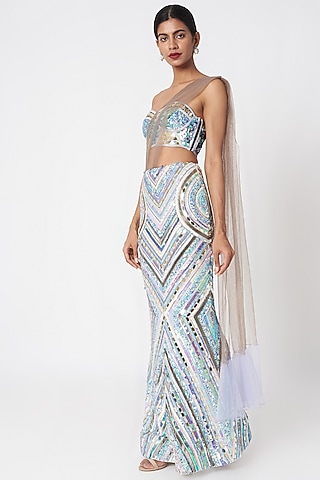 Light Grey Embroidered Pre-Draped Saree Set by SImply Simone