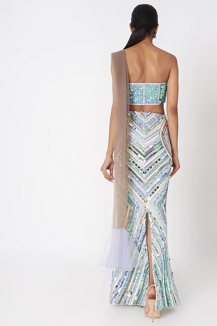Light Grey Embroidered Pre-Draped Reception Saree Set by SImply Simone at Pernia's Pop Up Shop