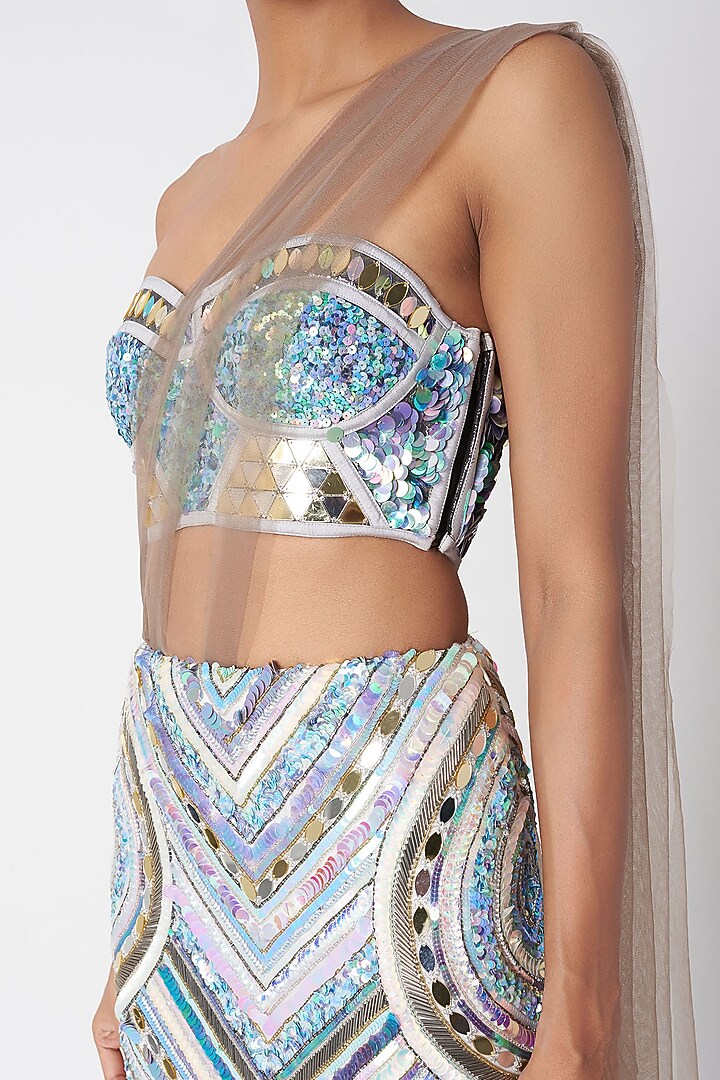 Light Grey Embroidered Pre-Draped Reception Saree Set by SImply Simone at Pernia's Pop Up Shop