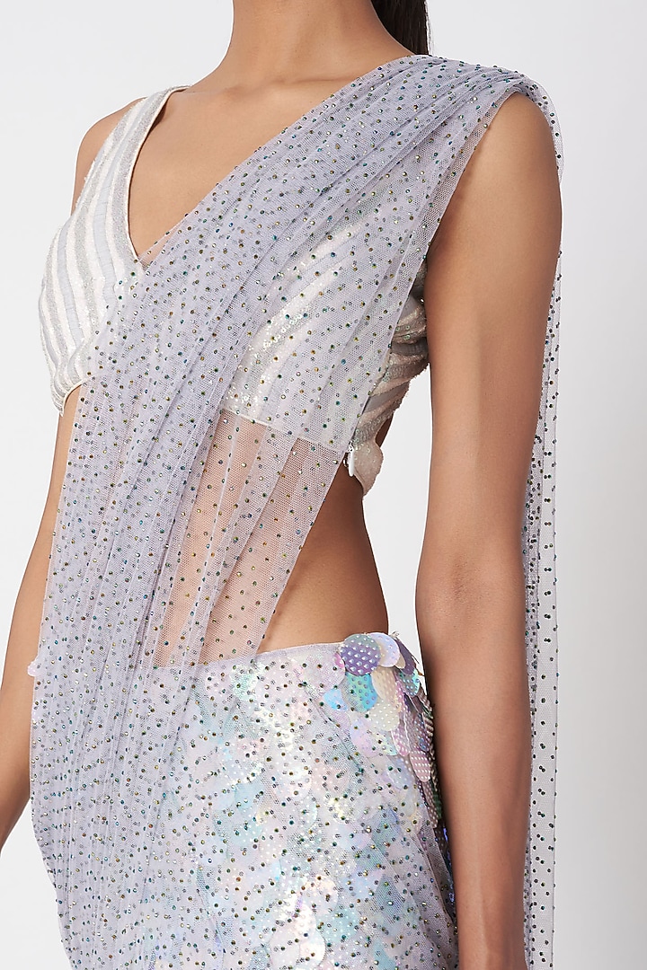 White Embroidered Pre-Draped Reception Saree Set by SImply Simone at Pernia's Pop Up Shop